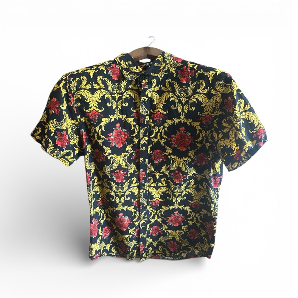 Denim & Flower Black Shirt with Red and Yellow Floral Designer Design Mens Small